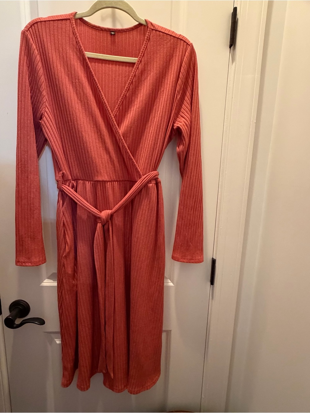 Rust Ribbed Wrap Dress with Tie Belt